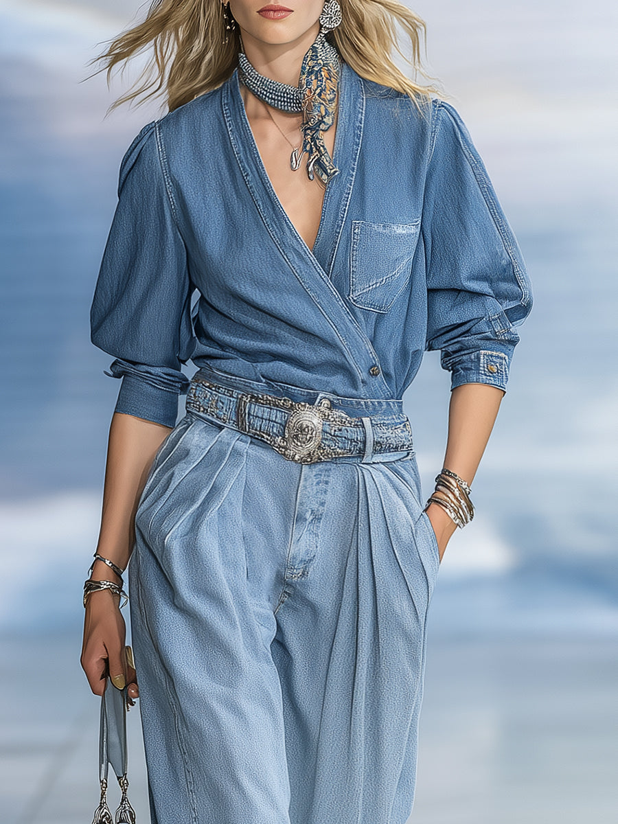 Ensemble Denim Vintage Chic avec Pantalons Amples
