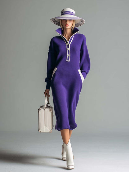 Élégante Robe Midi Tricotée Violet à Col Montant avec Détails Boutonnés