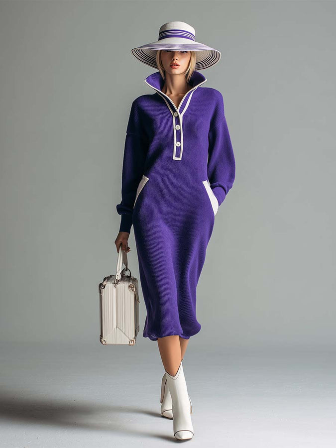 Élégante Robe Midi Tricotée Violet à Col Montant et Boutons