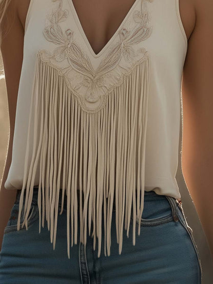 Veste Beige à Col V avec Broderie Western et Franges - Expédition en 24 Heures