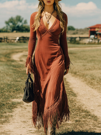 Robe Maxi Rouge Brique Rétro avec Manches Longues et Franges