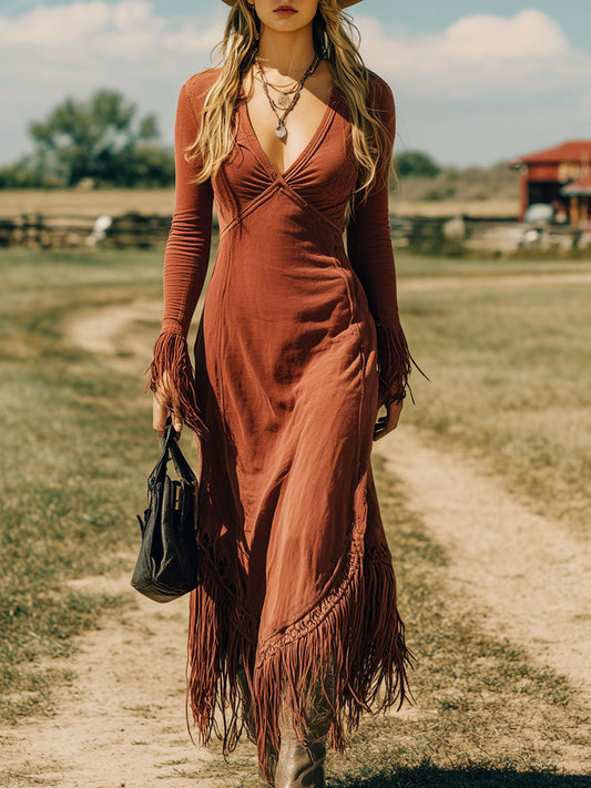Robe Maxi Rouge Brique Rétro avec Manches Longues et Franges