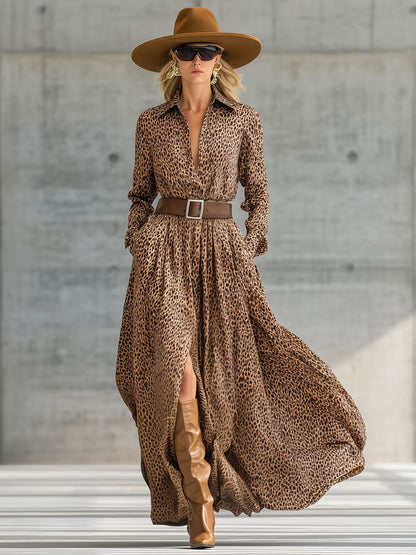 Robe Maxi Imprimée Léopard Marron avec Ceinture - Style Rétro