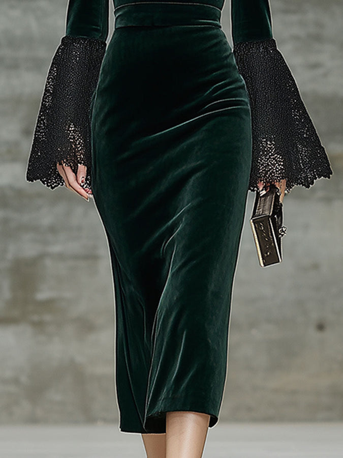 Robe Midi Vintage en Velours Vert avec Détails en Dentelle