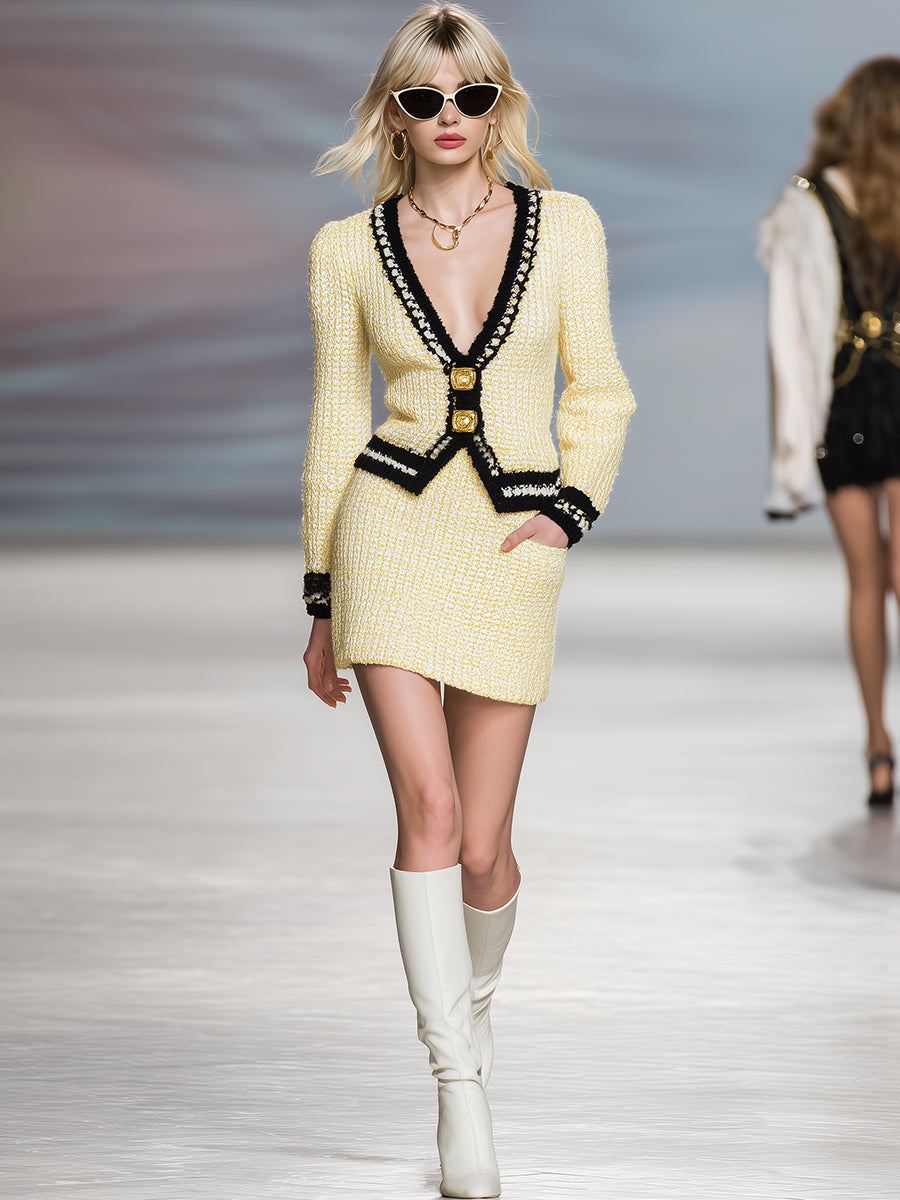 Chic Cardigan Jaune Clair à Col V avec Détails Noirs Élégants