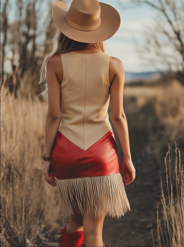 【Expédition Rapide en 24h】Robe Mini Élégante Sans Manches au Style Western Rétro avec Franges Contrastées