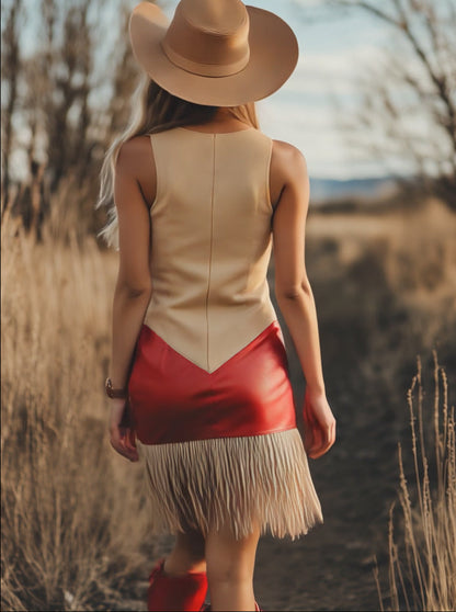 【Expédition Rapide en 24h】Robe Mini Élégante Sans Manches au Style Western Rétro avec Franges Contrastées