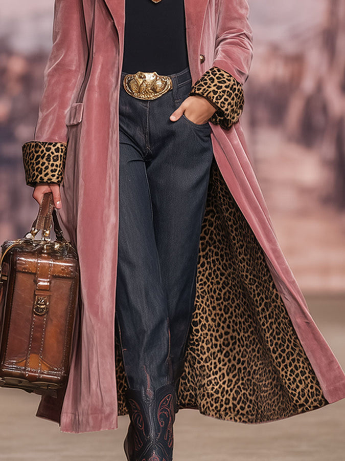 Veste en Velours à Imprimé Léopard avec Col Revers et Boutonnage Élégant