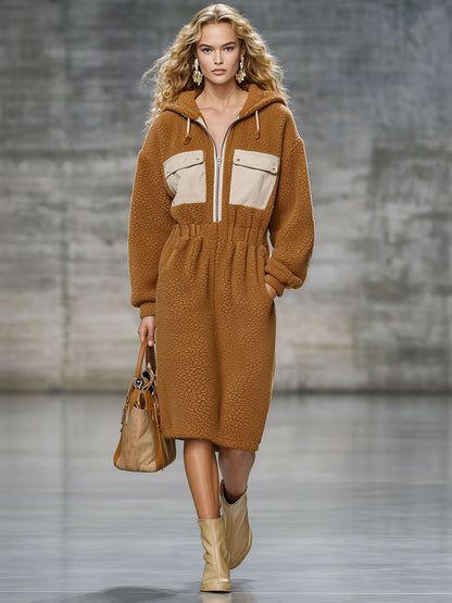 Robe Midi Décontractée en Fleece Camel Vintage avec Capuche et Taille Élastique