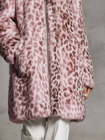 Veste en fausse fourrure léopard rose avec poches zippées - Style rétro décontracté