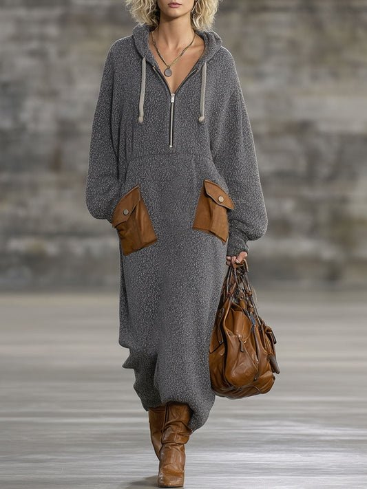 Décontractée Robe Maxi Grise à Capuche en Tricot Vintage