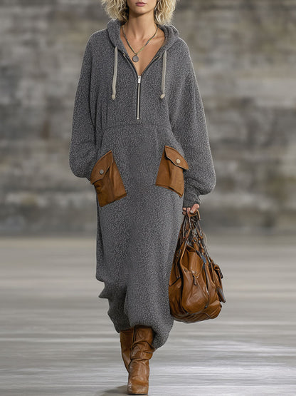 Décontracté Vintage : Robe Maxi Zippée à Capuche en Gris