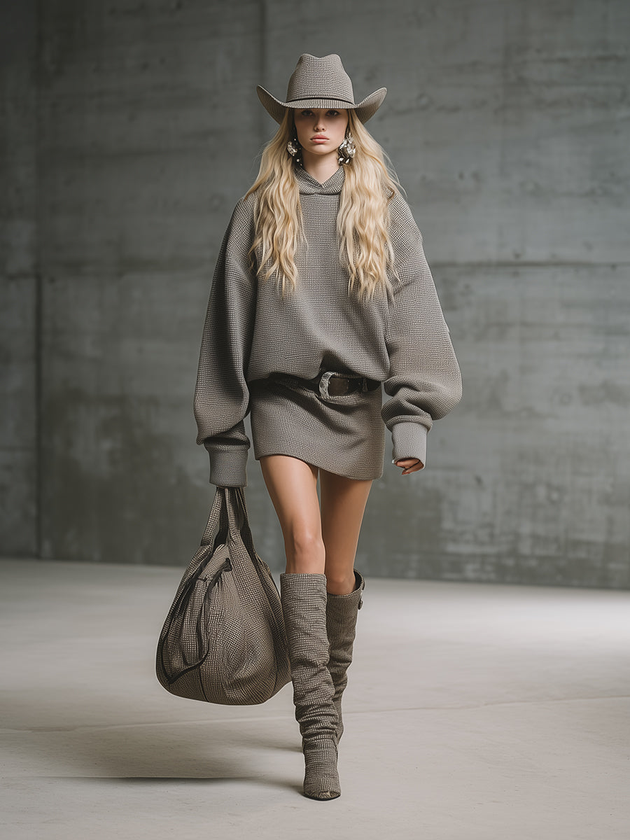 Robe Mini Waffle à Capuche avec Décolleté Élégant