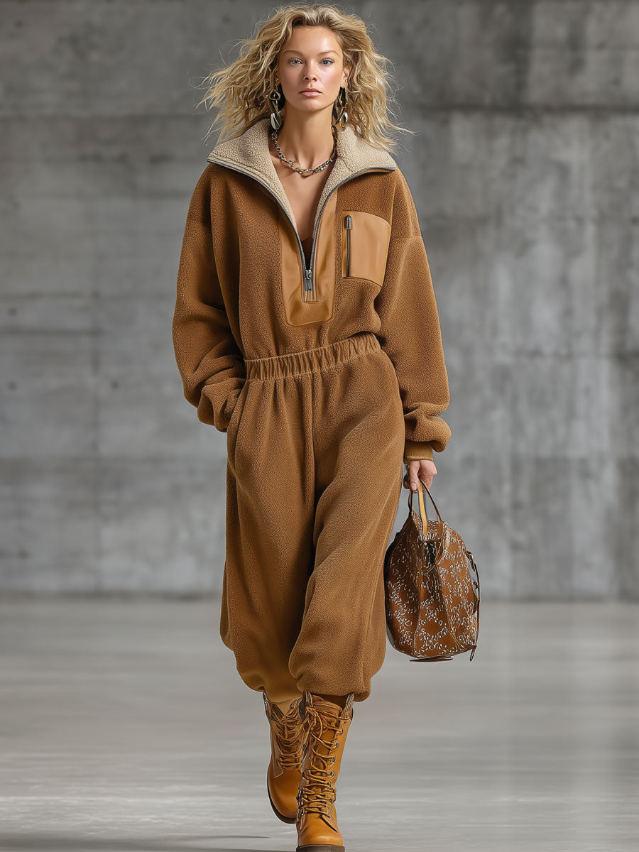 Combinaison Zippée en Polaire Rétro Camel - Style Décontracté et Confort Optimal