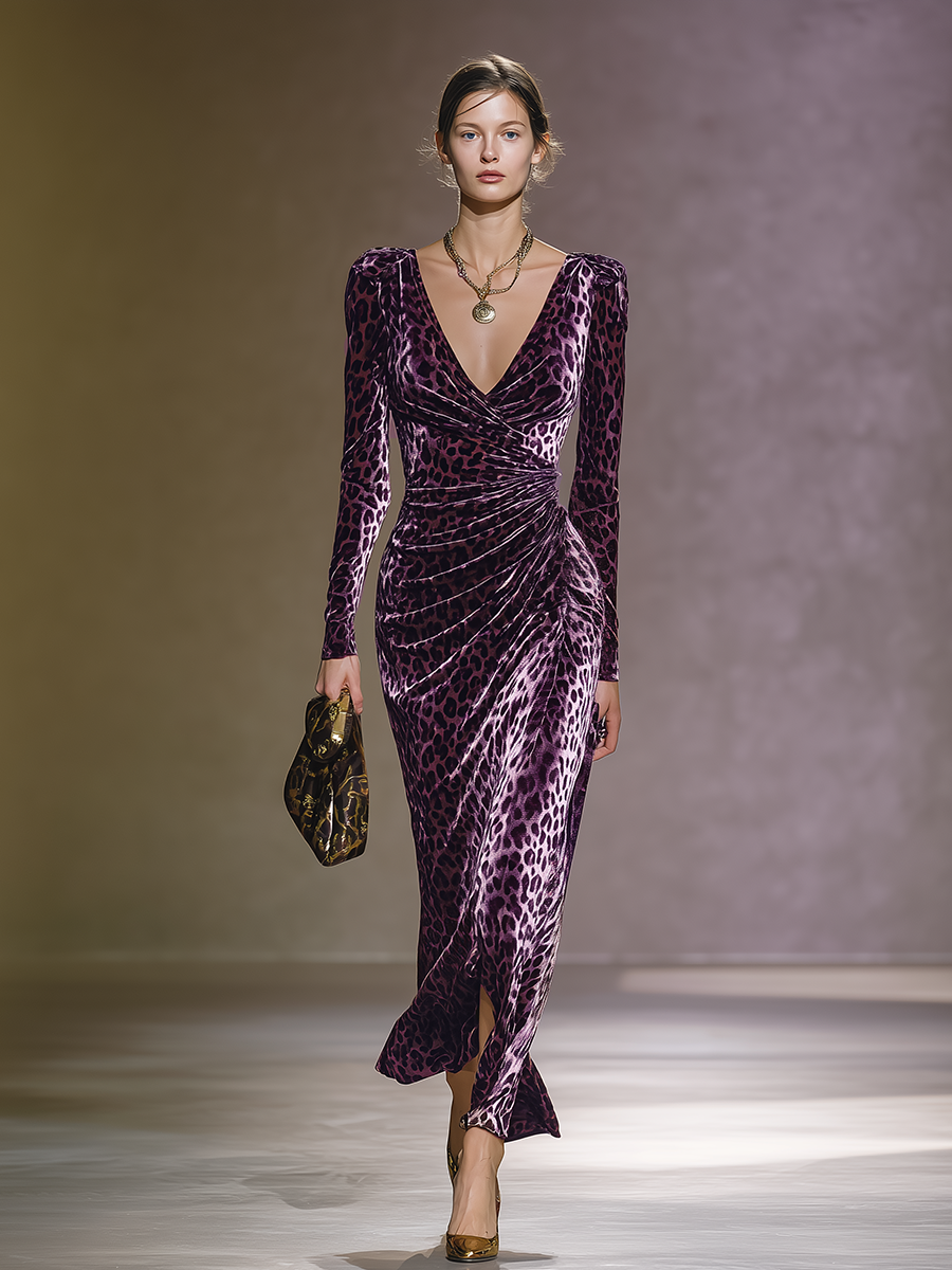 Robe Maxi Velours Léopard Rétro : Élégance à Col V et Manches Longues