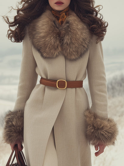 Veste Beige Chic avec Manches et Col en Fourrure