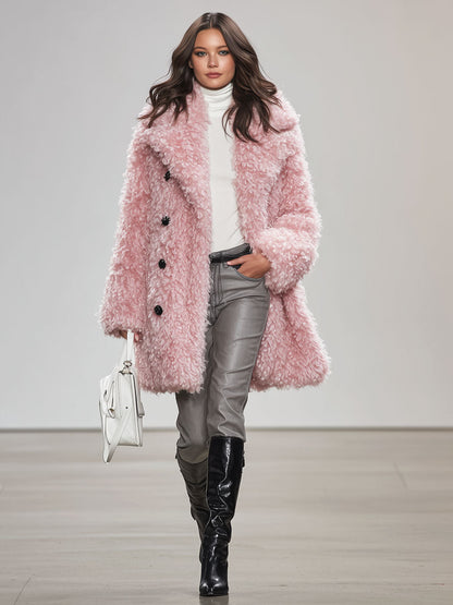 Veste en fausse fourrure bouclée rose avec col à boutons