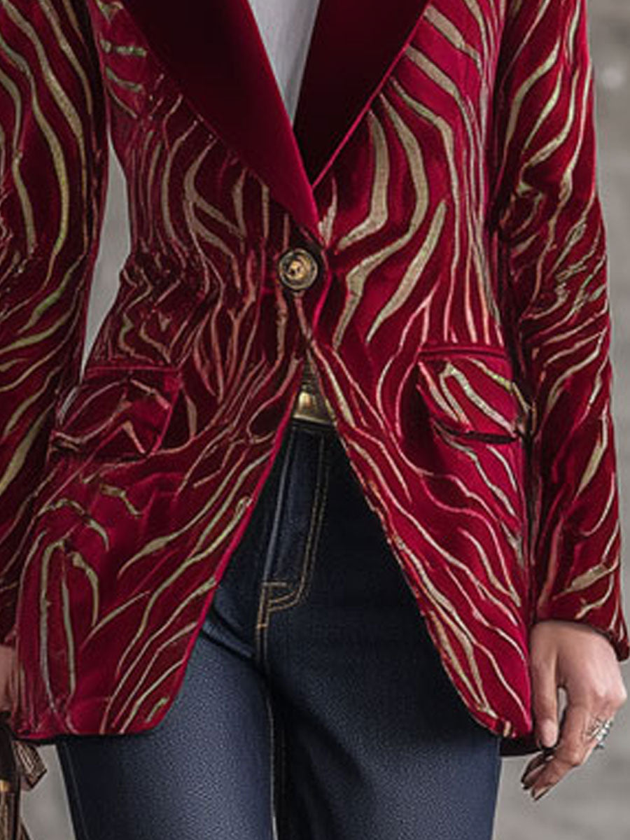 Veste en Velours Rouge à Motif Zebra Doré Rétro