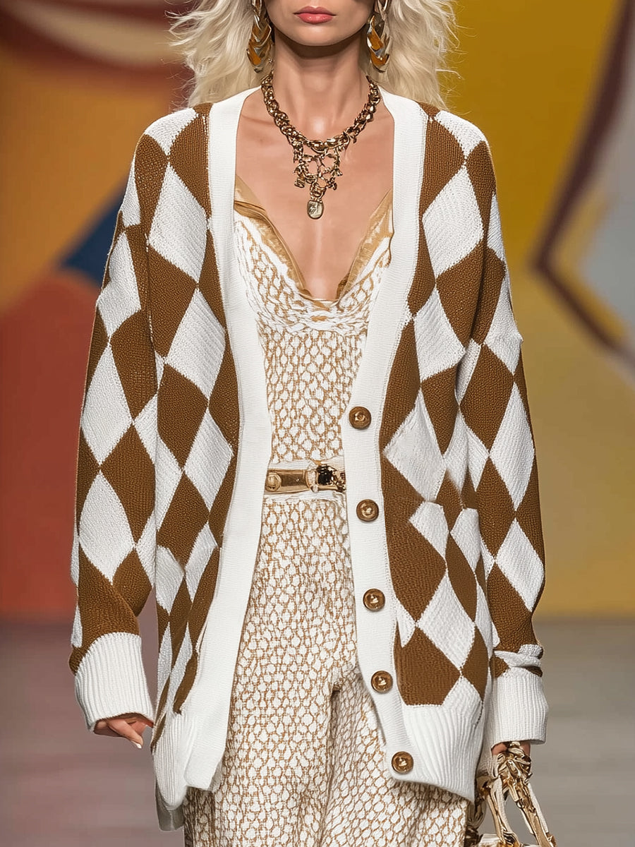 Cardigan Vintage Décontracté à Motif Diamant en Brun et Blanc