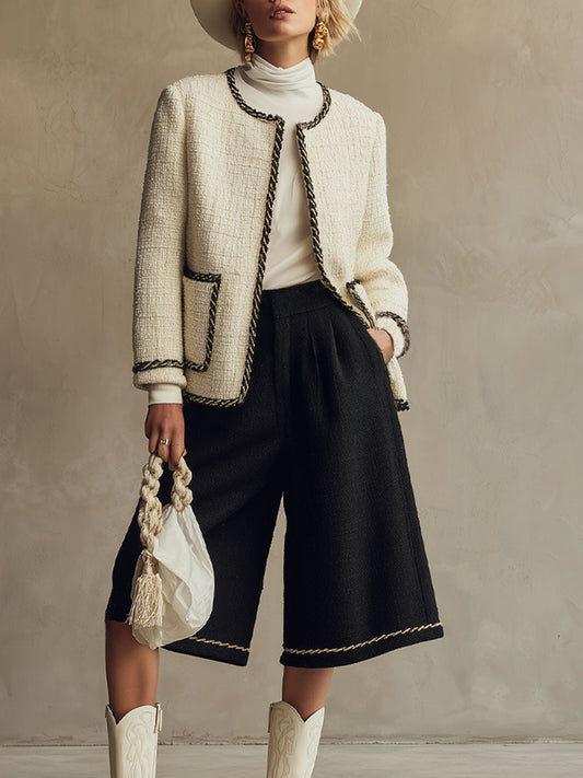 Ensemble Chic en Tweed : Veste à Col Rond et Pantalons Croisés à Jambes Amples