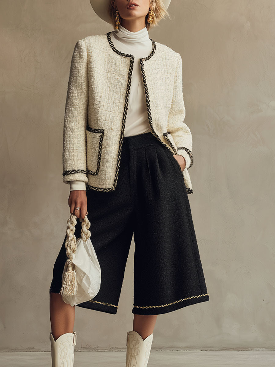 Chic Ensemble en Tweed : Veste Oversize à Col Rond et Pantalons Croisés à Jambes Larges