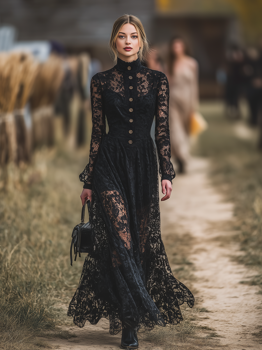 Robe Maxi en Dentelle Élégante avec Col Montant au Charme Western