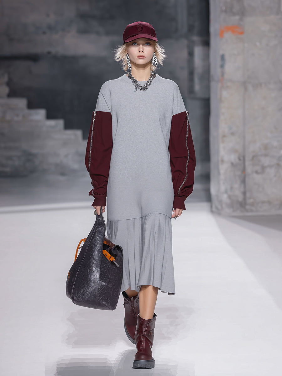 Robe Midi Sportive à Ourlet Plissé et Teintes Contrastées