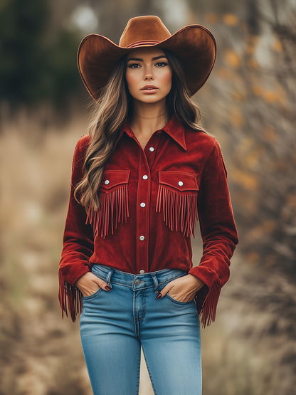 Chemise Cowboy Rouge en Daim à Manches Longues avec Revers et Franges - Expédition Rapide en 24 Heures