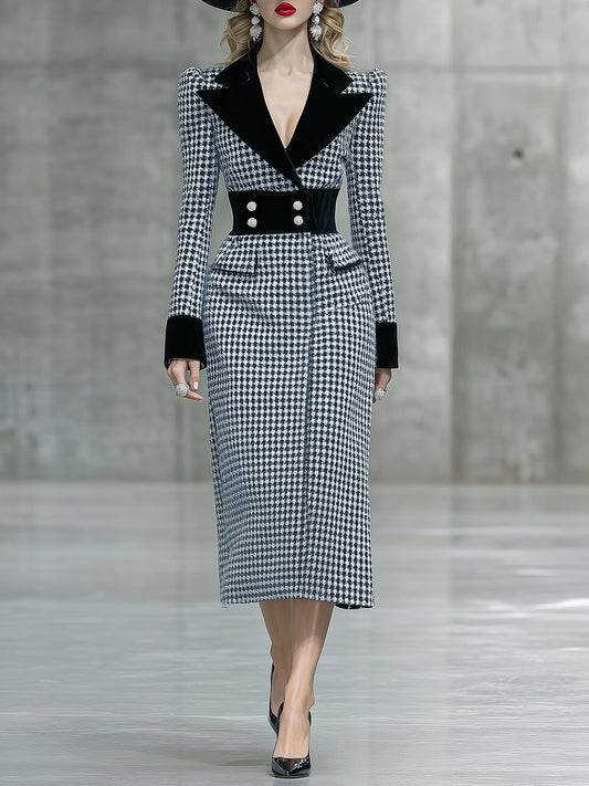 Robe Midi Houndstooth Élégante avec Col en Velours Noir – Un Must-Have Tendance