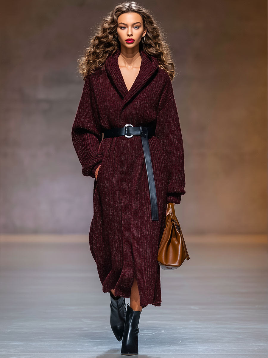 Veste Tricotée à Capuche avec Ceinture et Coupe Légèrement Ample