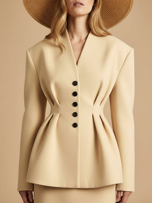 Chic Veste Cintrée en Laine Beige à Col V