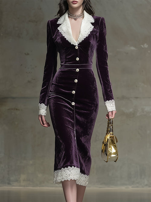 Robe Midi Élegante en Velours Violet avec Broderie en Dentelle et Détails Boutonnés