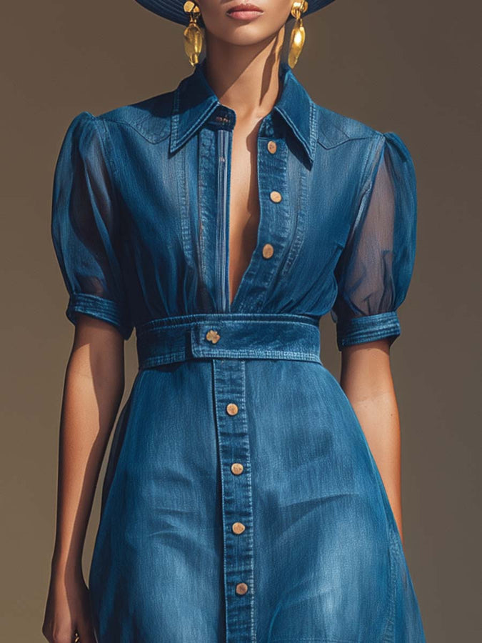 Robe Maxi en Denim Bleu à Manches Courtes avec Décolleté en V et Détails en Organza