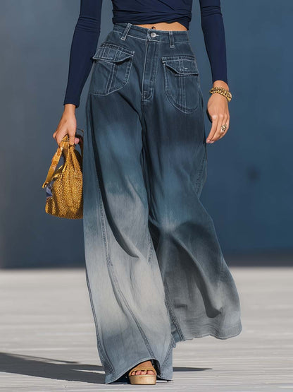 Jean ample délavé dégradé bleu-gris pour un look décontracté
