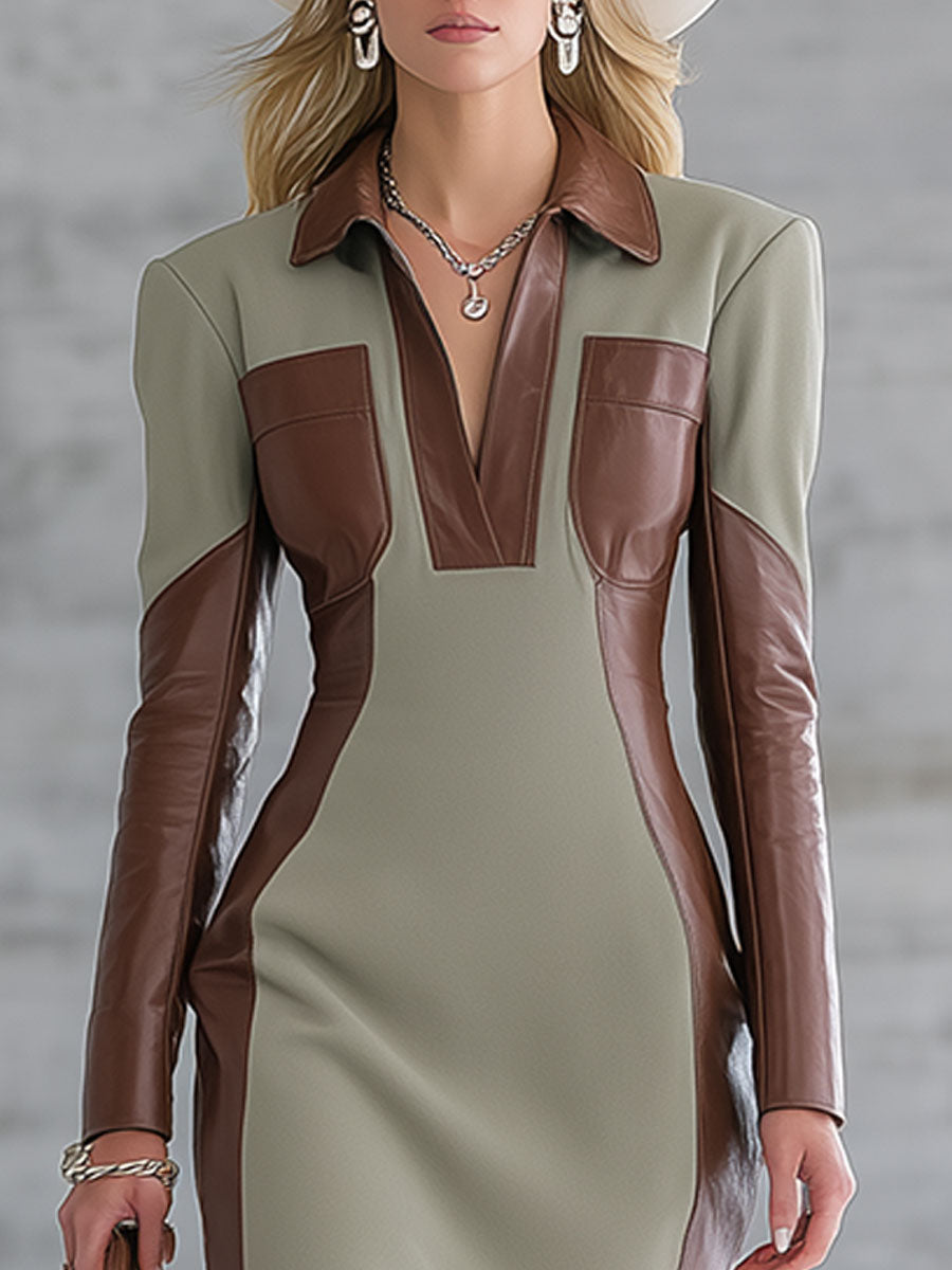 Robe Midi Décontractée en Simili Cuir Vert Mousse avec Col et Manches Longues