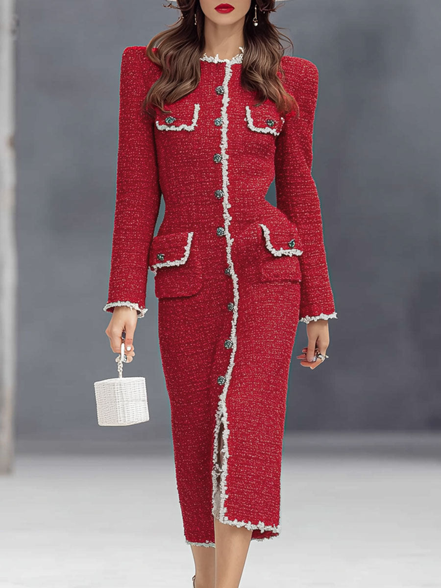 Robe Midi Élégante en Tissu Texturé avec Col Rond et Boutons Chic