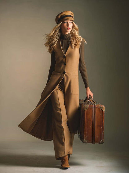 Élégant Gilet Long en Laine Camel avec Col V