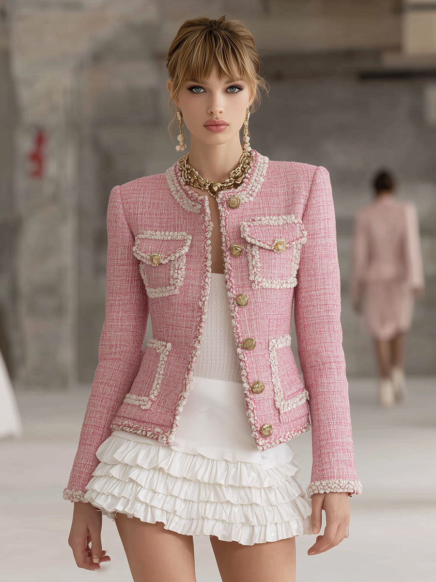 Veste en Tweed Rose Chic avec Détails Blancs