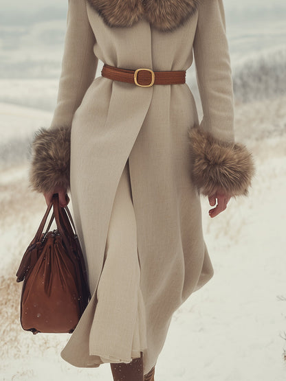 Veste Beige Chic avec Manches et Col en Fourrure