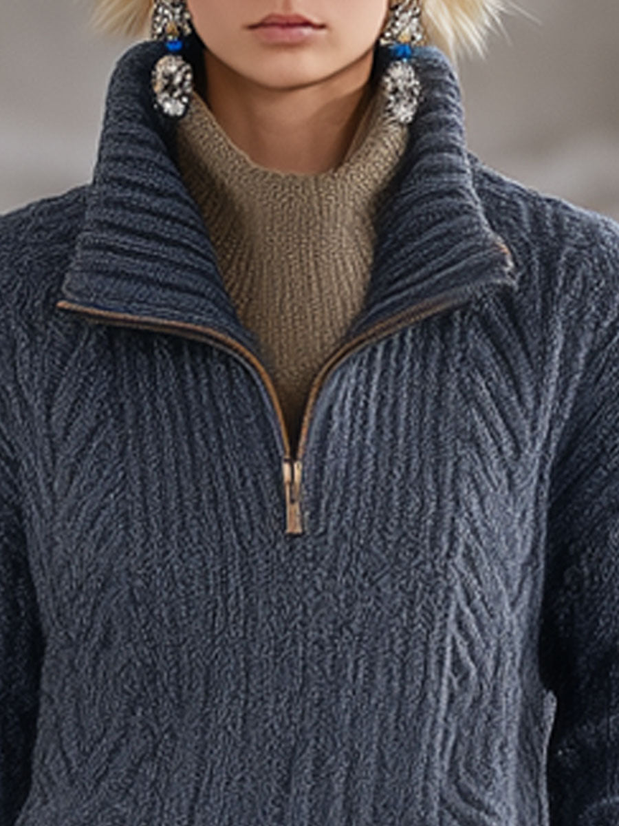 Pull rétro en tricot gris-bleu avec col demi-zip