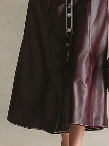 Robe Maxi Élégante en Similicuir Rouge Vin avec Col et Boutons