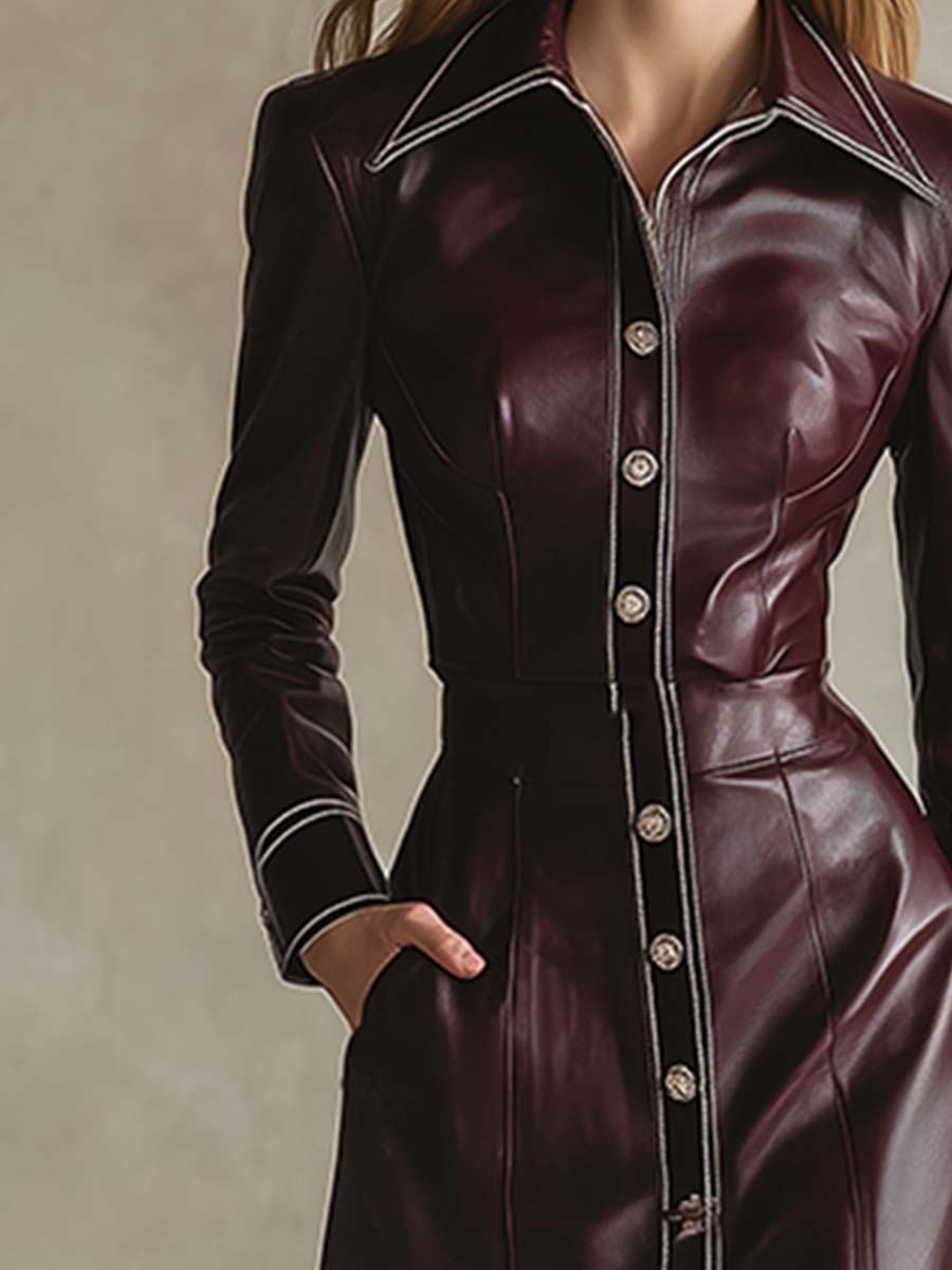 Robe Maxi Élégante en Similicuir Rouge Vin avec Col et Boutons