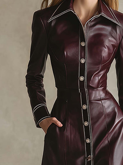 Robe Maxi Élégante en Similicuir Rouge Vin avec Col et Boutons