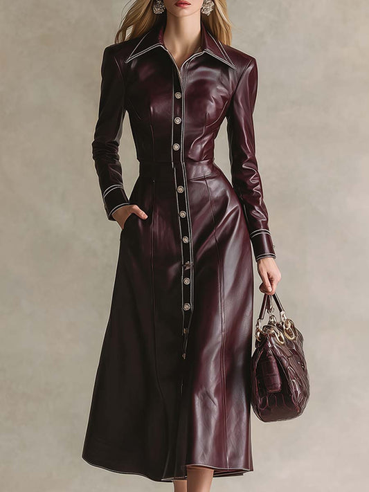 Robe Maxi Élégante en Similicuir Rouge Vin avec Col et Boutons