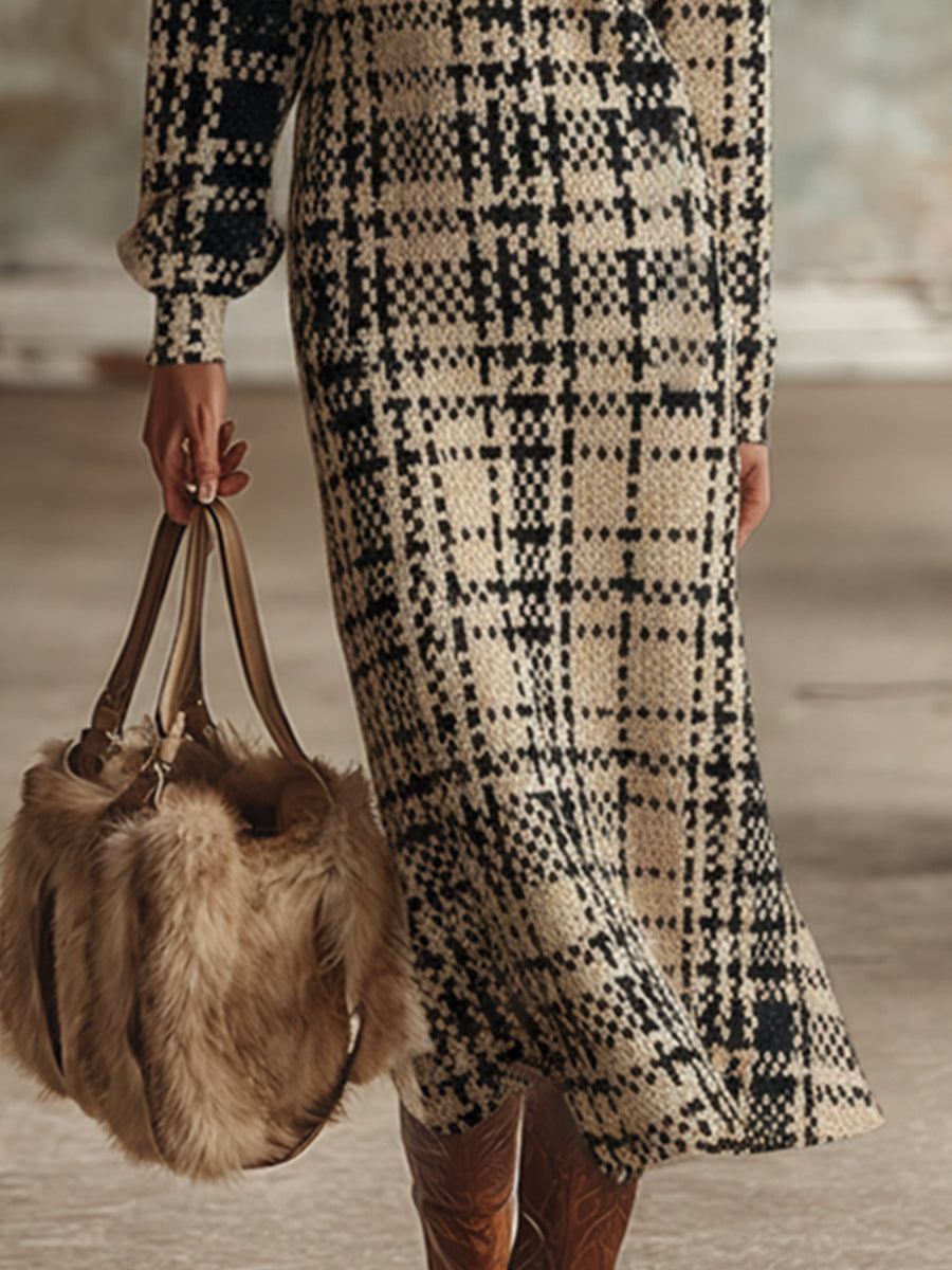 Maxi Robe Élégante en Tweed Kaki à Carreaux avec Col en Fausse Fourrure et Manches Longues