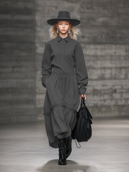 Robe Maxi Grise Sportive à Col Volant pour un Style Décontracté