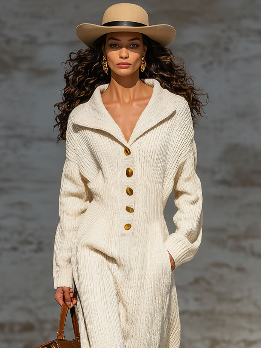 Combinaison Tricotée Élégante avec Col Revers et Boutons Décontractés