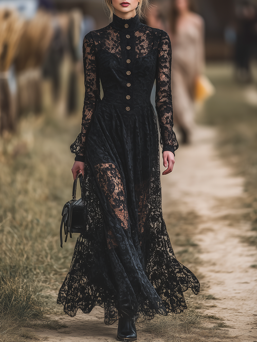 Robe Maxi en Dentelle Élégante avec Col Montant - Style Western Chic