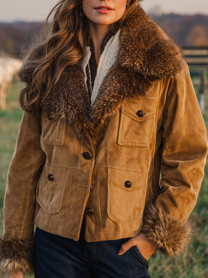 Veste Vintage Western en Velours Côtelé Caramel avec Col en Fourrure Synthétique