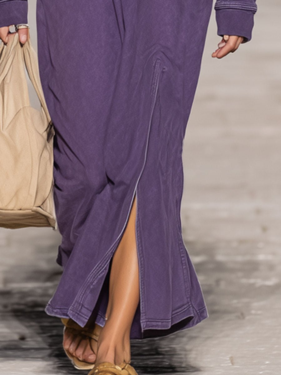 Robe Maxi Sportive Rétro Violet : Broderie Élégante, Manches Longues et Capuche avec Fente
